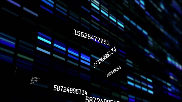 Animazione digitale di numeri mutevoli ed elaborazione dati su sfondo di quadrati a mosaico neri.