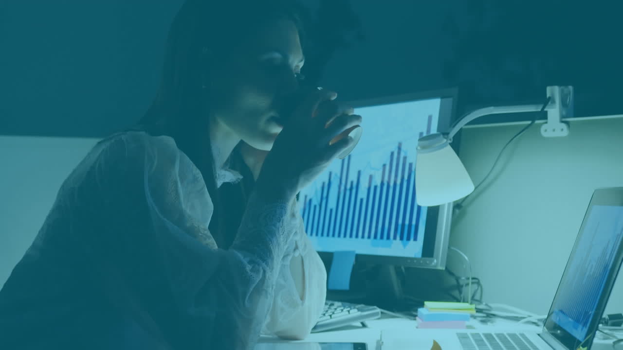 Digital composition of mathematical equations floating against caucasian woman working at office