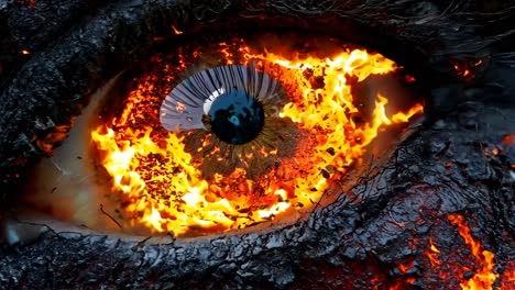 a close up of a person's eye with fire coming out of it