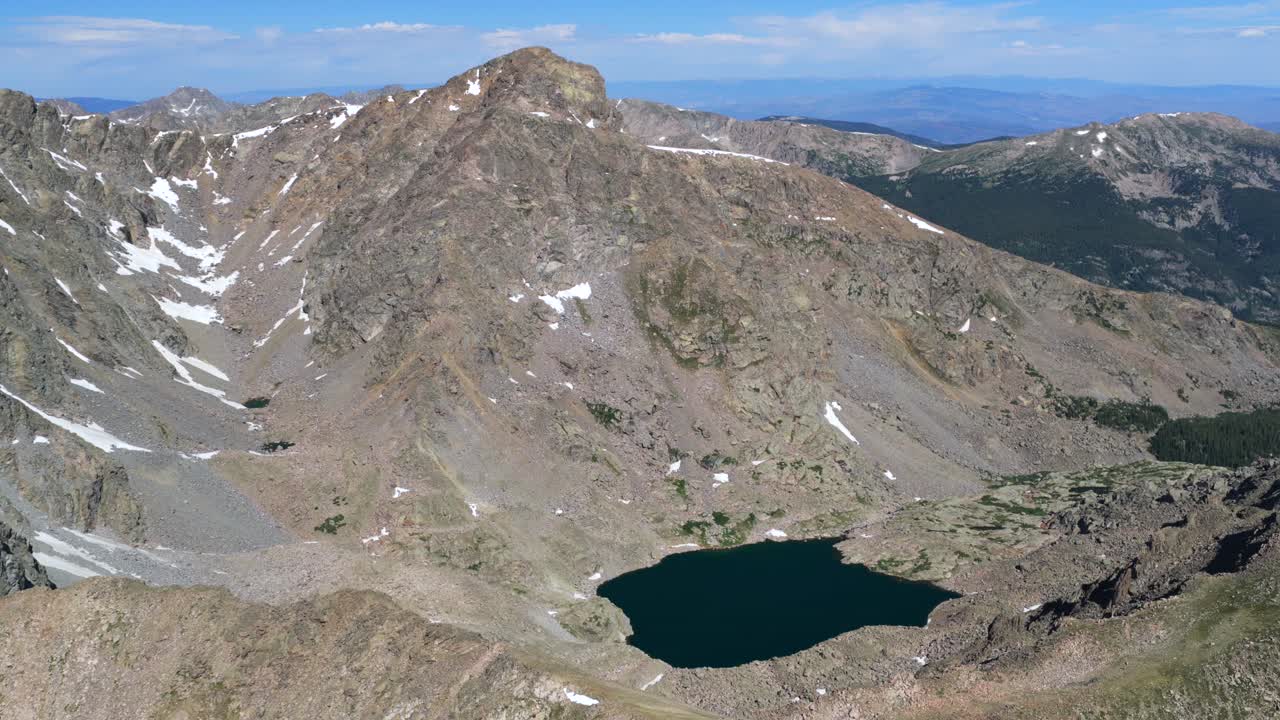 Morning daytime sunny blue sky summer Mount of the Holy Cross 14er peak wilderness Sawatch Range aerial drone Colorado Rocky Mountains Bowl of Tears lake Halo Ridge Notch Mountain backwards circle pan