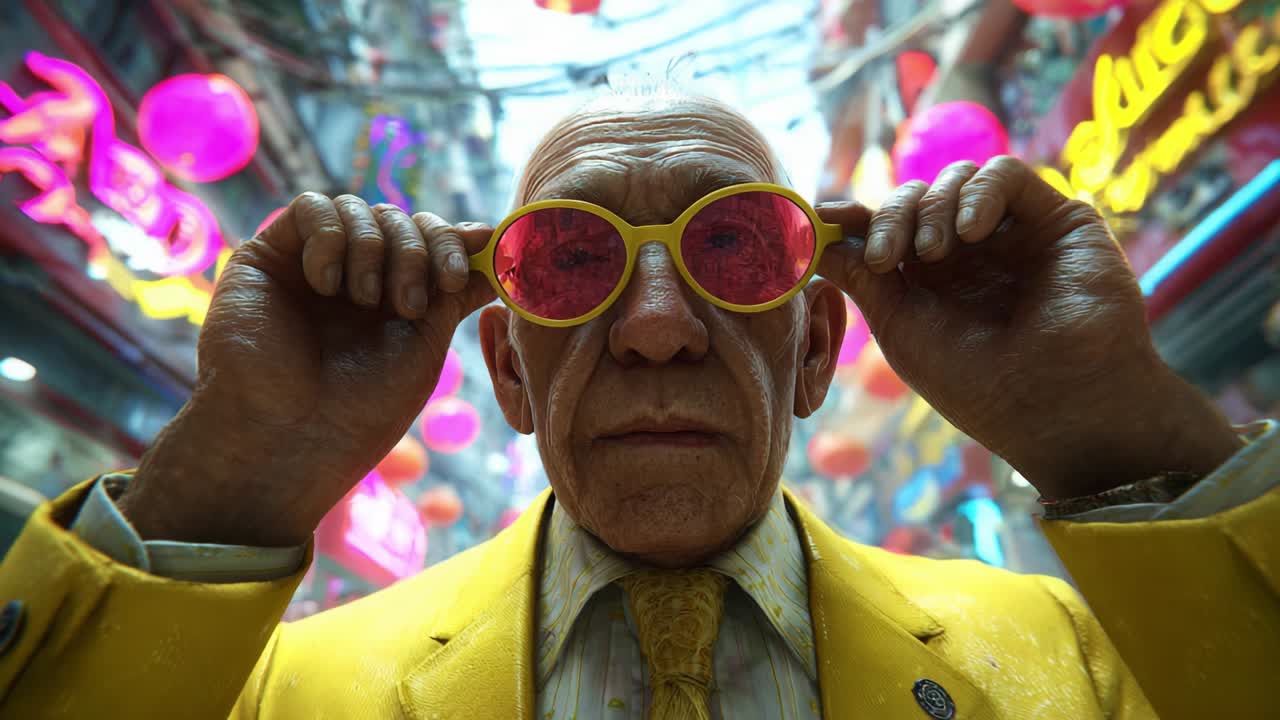 A charismatic elderly man with distinguished features and vibrant yellow attire stands confidently in a neon-lit street adorned with colorful lanterns, framed by a dynamic urban environment brimming with life and energy