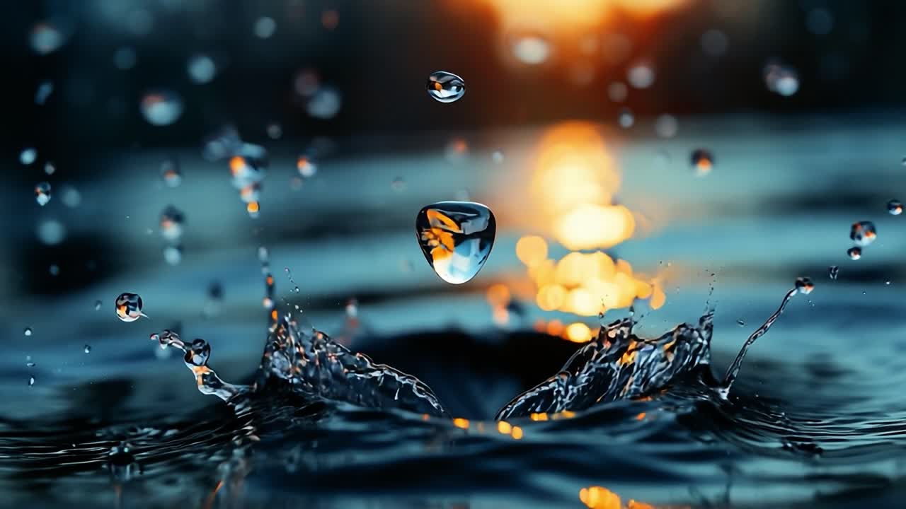 Water droplets dance at sunset on lake. Droplets of water splash and create ripples as the sun sets over a serene lake, adding a tranquil touch to the scene.