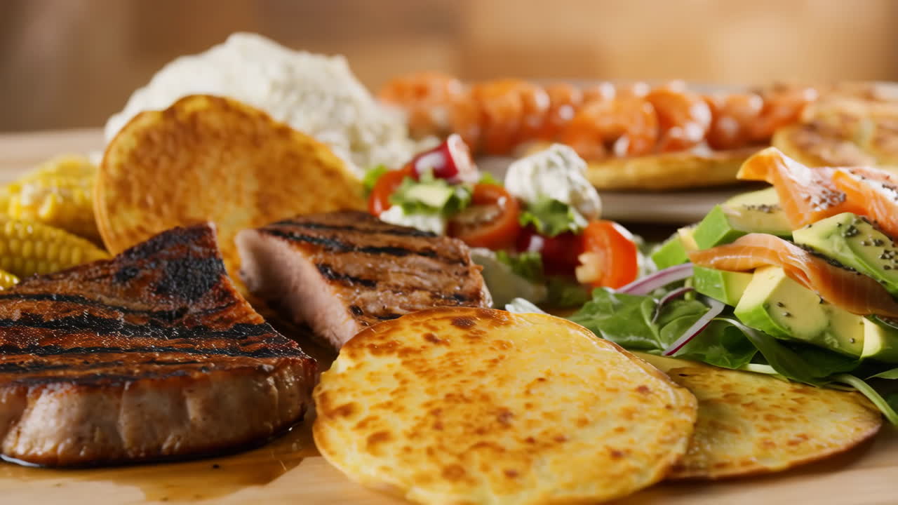A delicious and varied food spread featuring grilled meat, salmon avocado salad, and pancakes