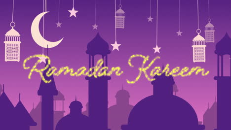 glittery ramadan kareem greeting with mosques and lanterns with moon and stars