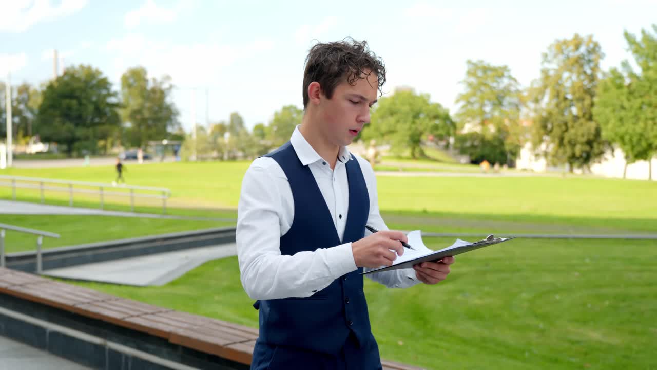 Young finance analyst in smart waistcoat writing on clipboard outdoors