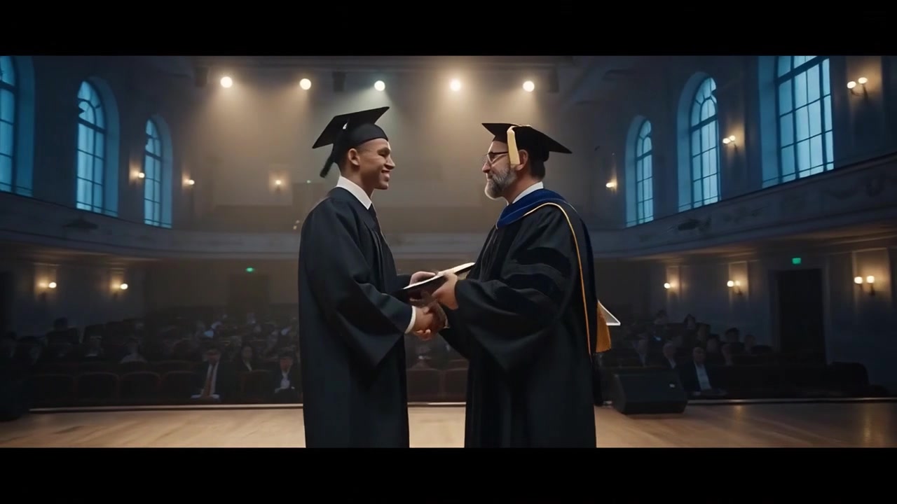 Graduate Receiving Diploma from Professor on Stage at Commencement Ceremony