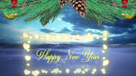 animation of snow falling over happy new year text and fairy lights against winter landscape