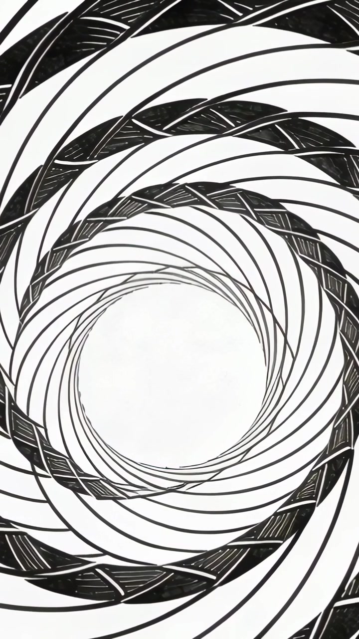 Video verticale: Spirale a treccia in bianco e nero che ruota, con fasce che si spostano attorno a un nucleo bianco, inizia a muoversi lentamente.