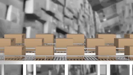 animation of cardboard boxes moving on conveyor belts over warehouse