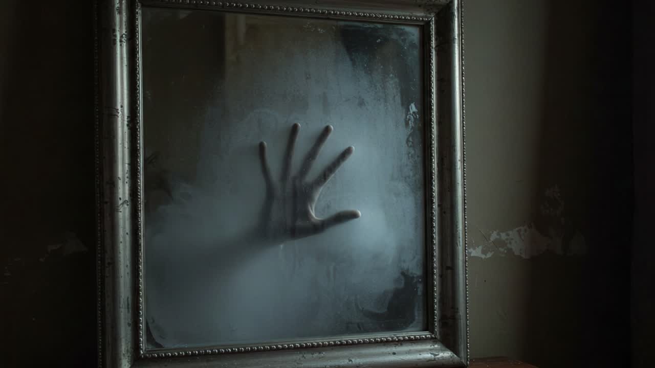 A Mysterious Reflection: Exploring the Eerie Presence of a Hand in a Fogged-Up Mirror, Capturing the Essence of Fear and Intrigue in a Haunted Setting