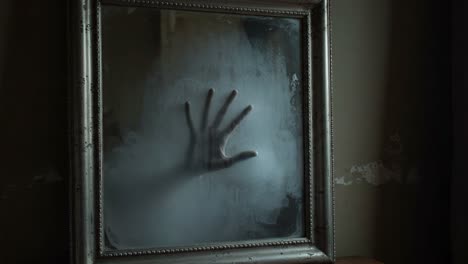 a mysterious reflection: exploring the eerie presence of a hand in a fogged-up mirror, capturing the essence of fear and intrigue in a haunted setting