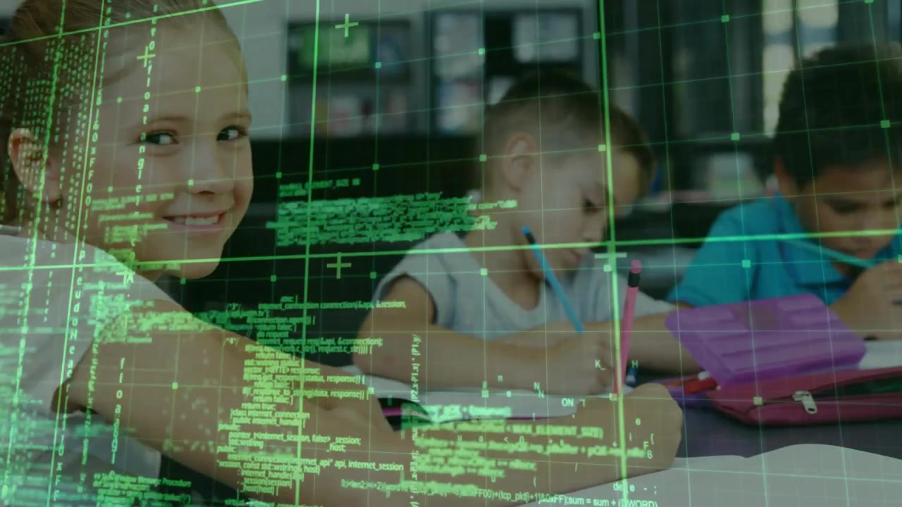 Three students writing at table, education data overlay shifting motivating girl looking up smiling