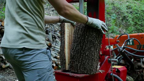 A man uses a hydraulic wood splitter to chop up a log into manageable sizes
