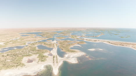 aerial drone point of view of aydar kol lake in uzbekistan, central asia