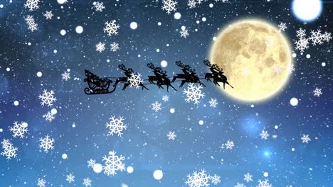 Animación-De-Papá-Noel-En-Trineo-Con-Renos-En-Navidad,-Sobre-La-Nieve-Cayendo,-La-Luna-Y-El-Cielo.
