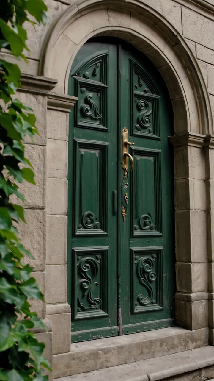 Ornate Green Wooden Door with Golden Handle and Carvings