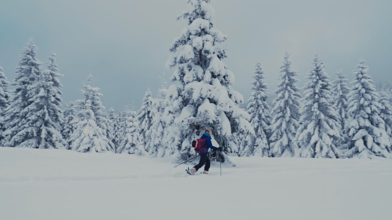 chica feliz de esquí caminando sobre los esquís en un hermoso paisaje invernal, cámara lenta, plano general