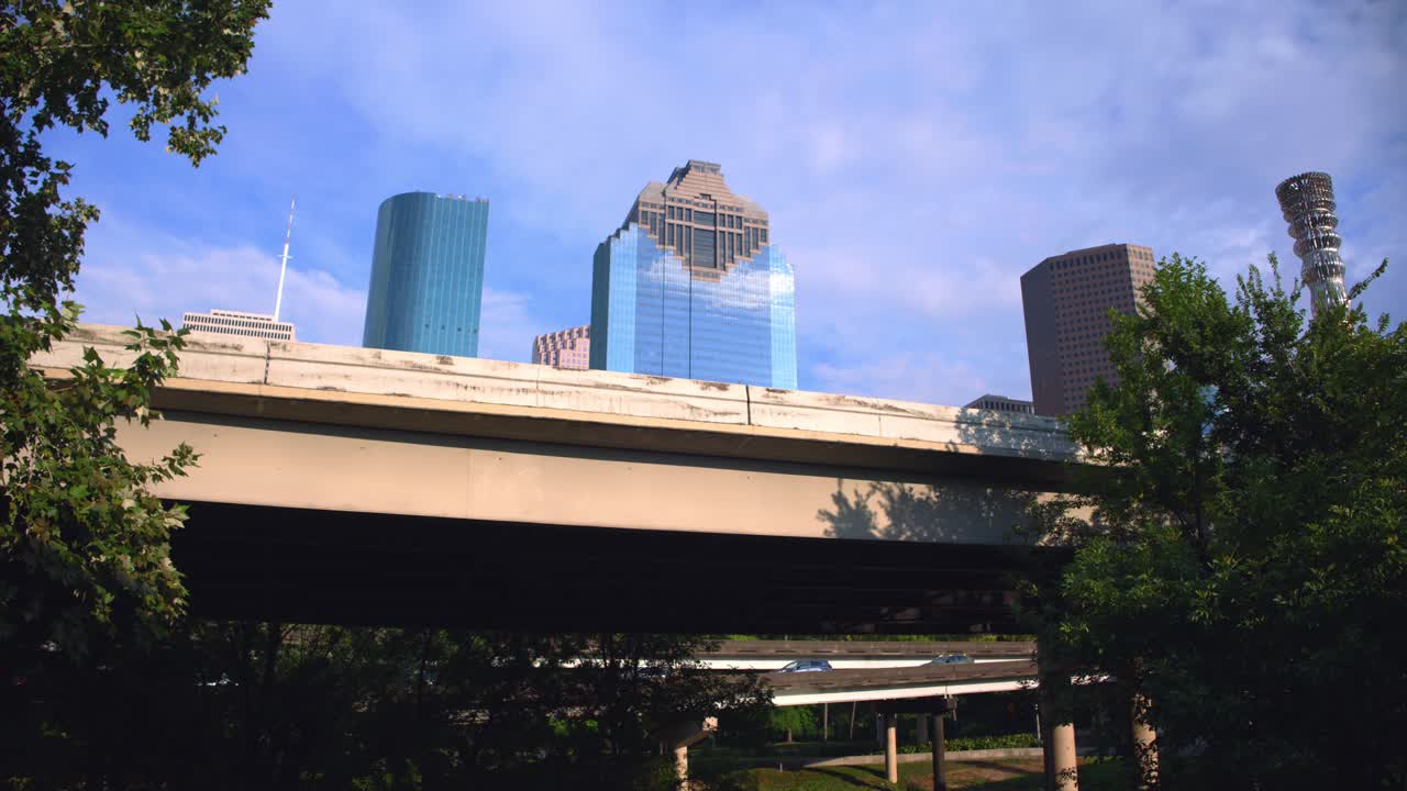 Low Angle Shot of Downtown Houston Skyscrapers from Tunnel Underpass
