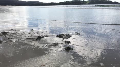 sea wave flowing gently along the beach onto a sand hole during the daytime