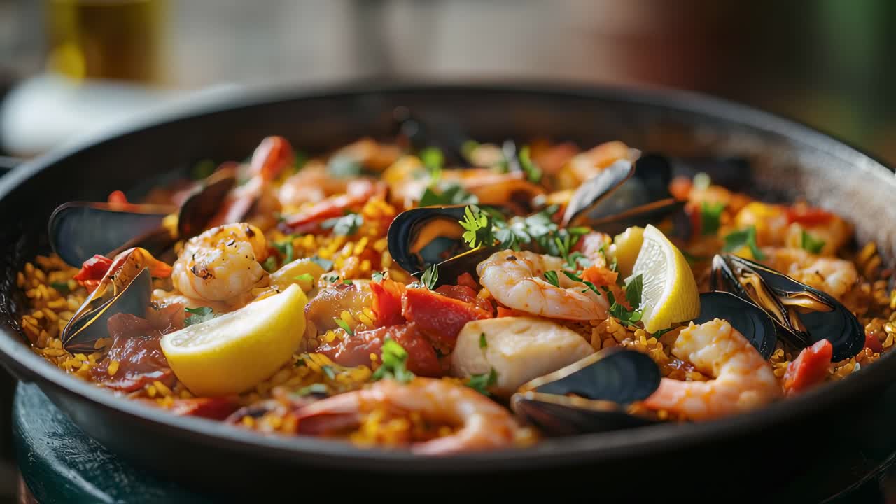 Aromatic seafood paella simmering in traditional pan, releasing fragrant steam while showcasing golden rice, succulent shrimp, tender mussels, bright lemon, and fresh parsley