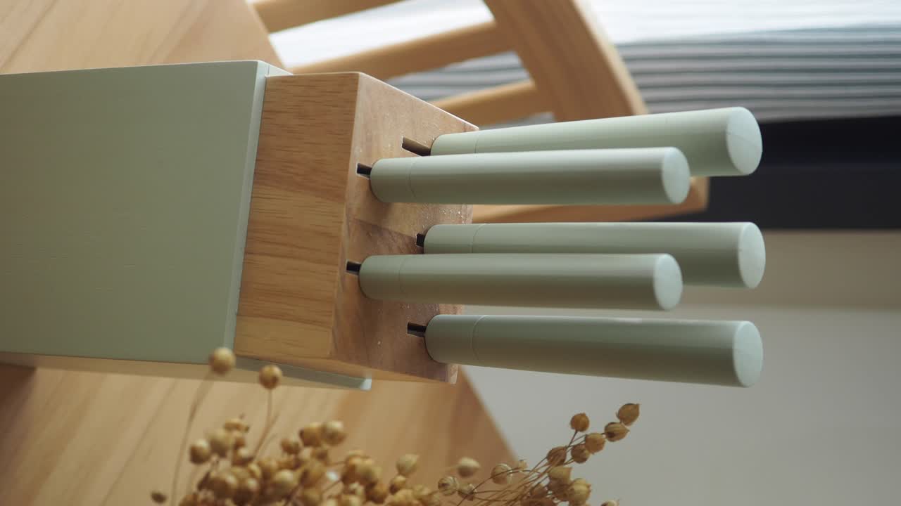 Modern Knife Block with Sage Green Handles and Wooden Base