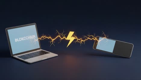 dynamic interaction between devices illustrating blockchain technology with electric sparks, symbolizing data transfer and connectivity in the digital age