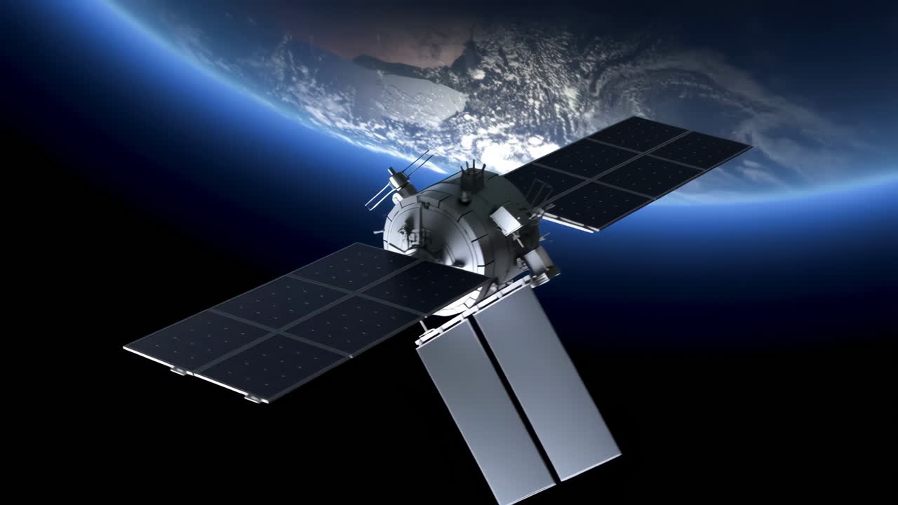 A satellite with solar panels orbiting Earth in space