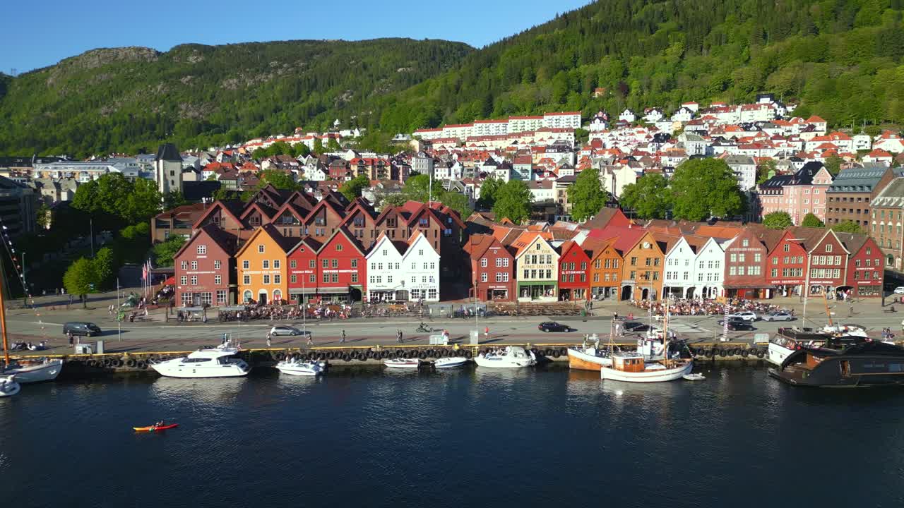 Aerial of Bryggen famous UNESCO-listed wooden houses lining the harbor in Bergen, Norway.