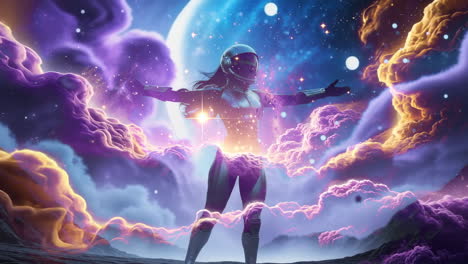 astronaut in a vibrant cosmic nebula landscape