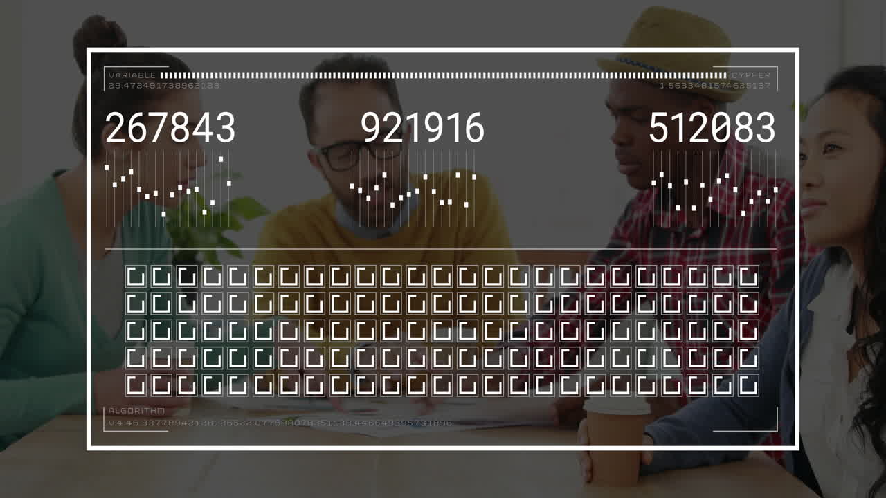 Team members reviewing documents during business meeting, displaying animated graphs and icons