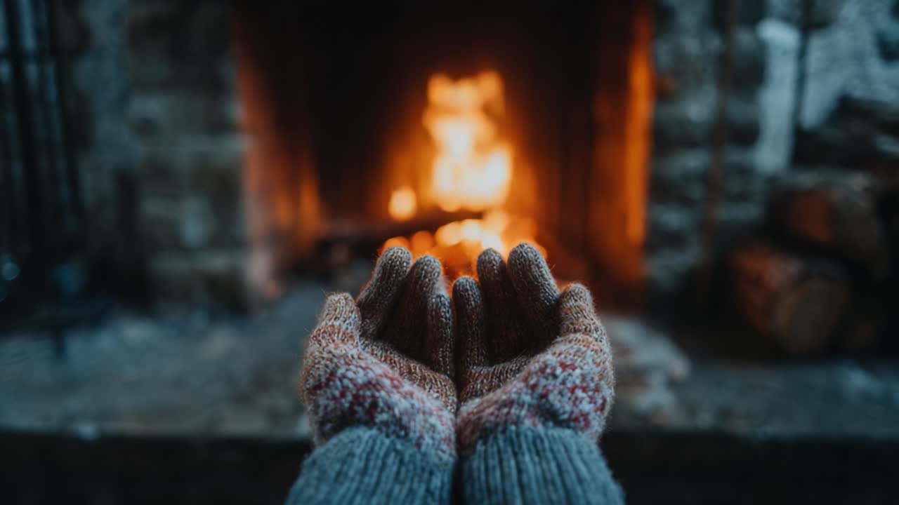 Warmth and Comfort: Embracing the Glow of a Cozy Fireplace as Hands Reach Out, Showcasing the Serenity of a Winter Evening