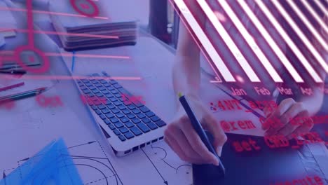 animación de gráficos, globo terráqueo y lenguaje informático, sección media mujer caucásica trabajando en una computadora portátil