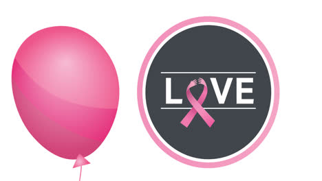 animation of flying pink balloon over pink ribbon logo and love text