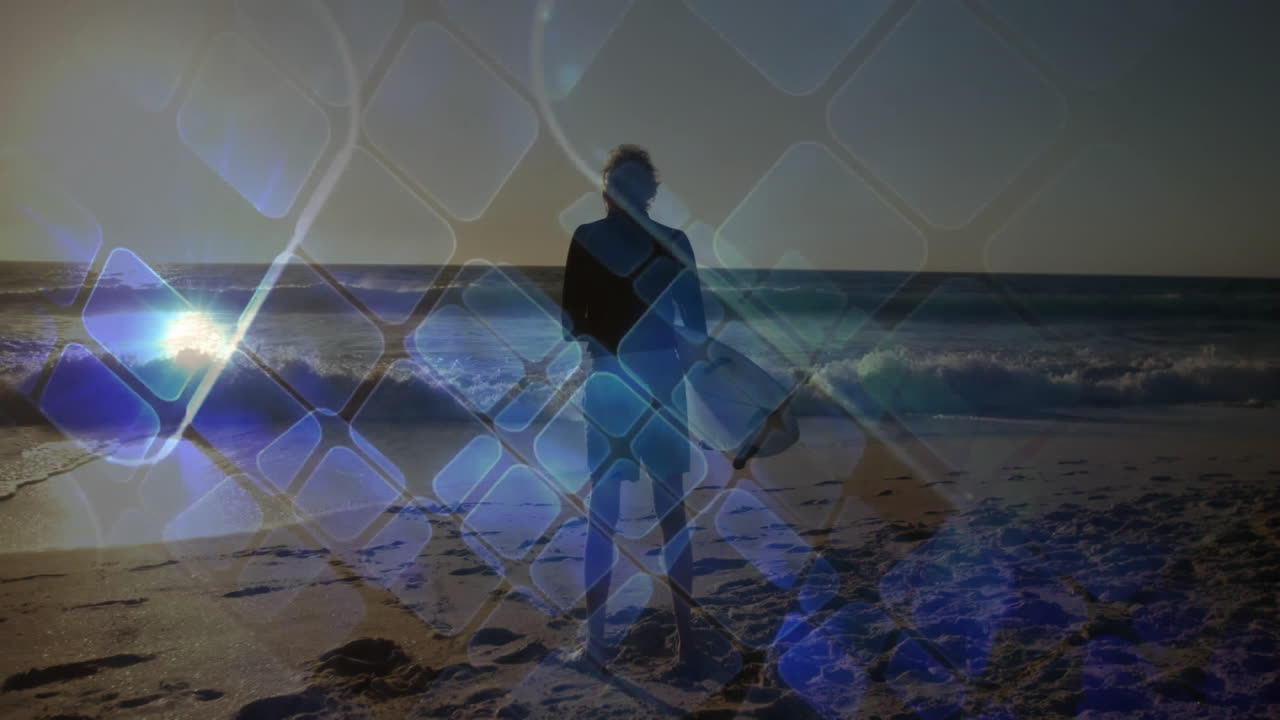 Senior surfer holding surfboard standing on beach at sunset, with tech overlay showing diamonds