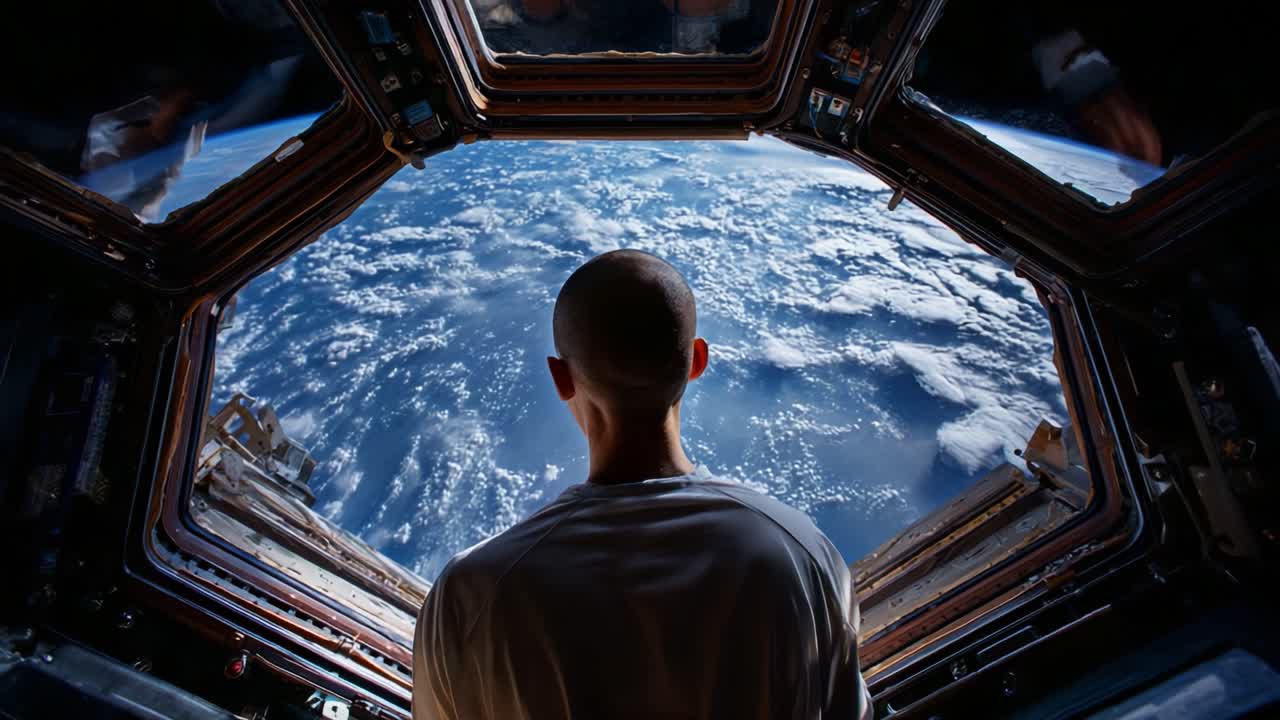 Astonishing View of Earth from Space: A Person Gazing Out from a Space Station Window, Capturing the Majestic Beauty of Our Planet Against the Infinite Cosmos