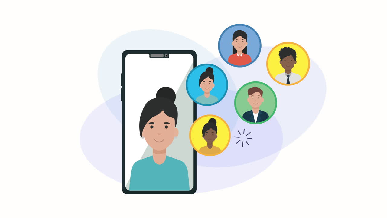 소셜 미디어 커뮤니티 애니메이션을 가진 스마트폰