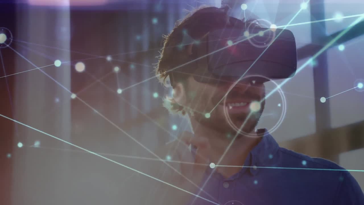 animación de la red de conexiones a través de un hombre de negocios usando auriculares vr