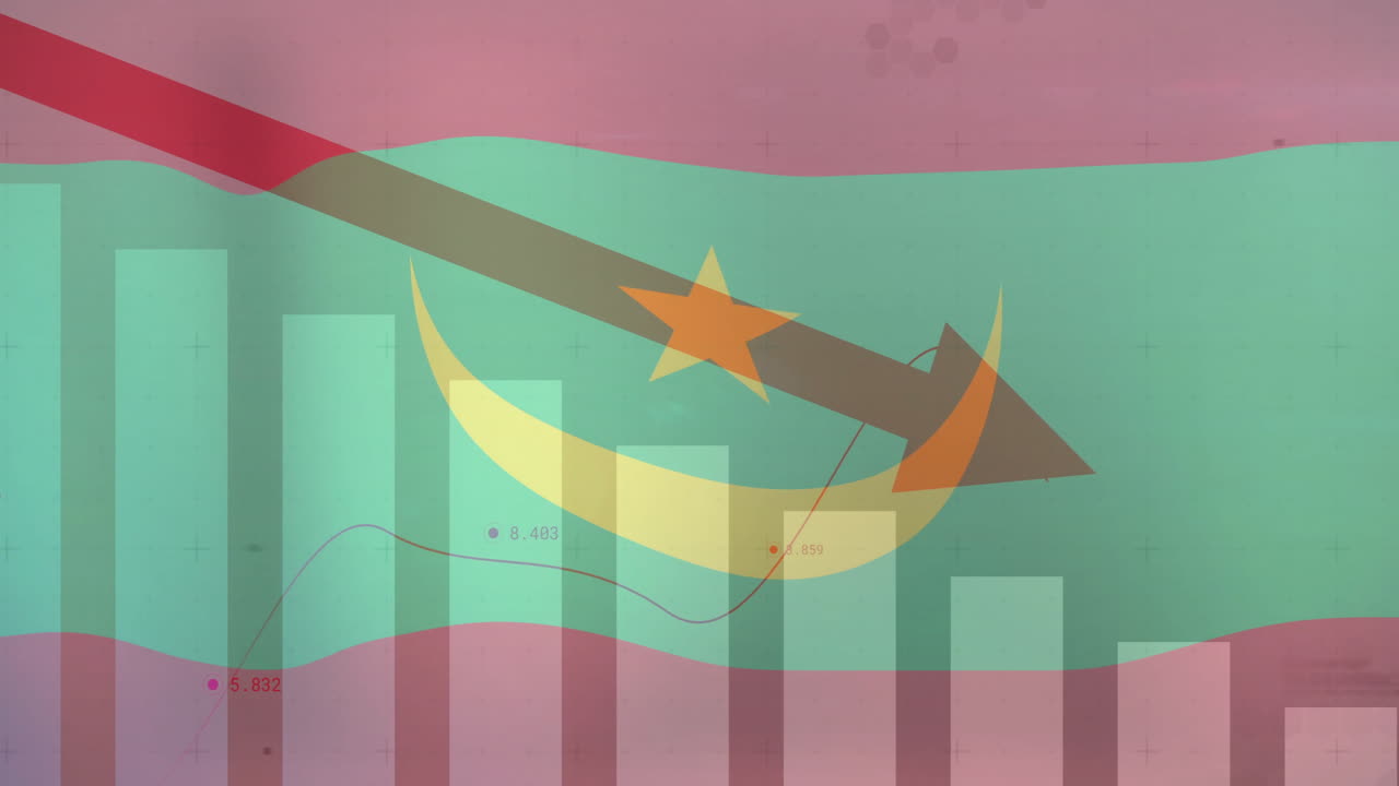 Mauritania flag overlaying declining bar graph and data points animation