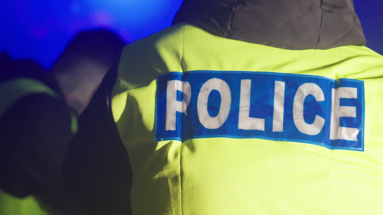 police officers from behind wearing high-visibility vests during a night operation, symbolizing law enforcement teamwork, public safety, emergency response, and serious police action in low-light cond