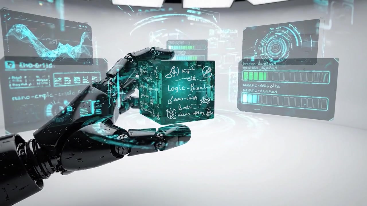 Exploring Advanced Robotics: A High-Tech Hand Engaging with Interactive Digital Interfaces and Data Displays Showcasing Logic and Computational Skills