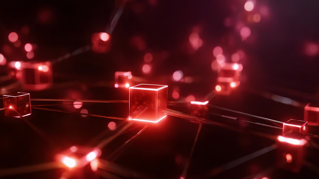 Abstract network of glowing red cubes