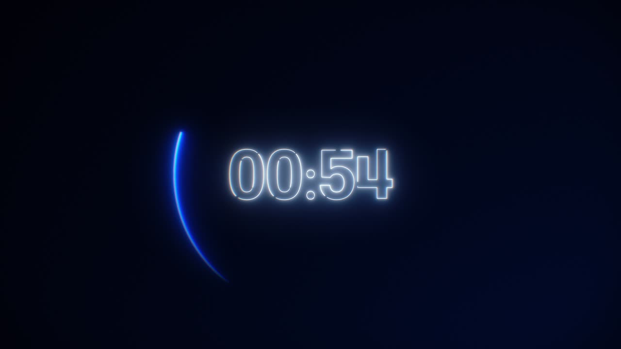 White Neon Light 60 Seconds Countdown on black background. Running dynamic light. Timer from 60 to 0 seconds. 1 minute countdown. 30 or 10 seconds. Speed running circle light