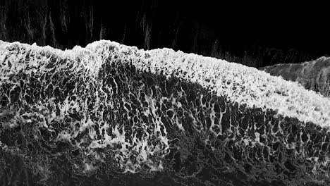 dramatic monochrome cinematic top-down view of symmetrical waves crashing on black sand beach, vik, iceland