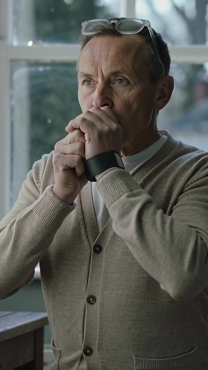 Vertical video: Breathing, senior man cupping hands while feeling cold at window, with glasses up