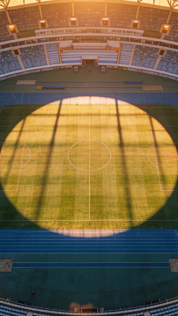 Video verticale: Telecamera in caduta che mostra un raggio di sole sul campo di uno stadio, con pista e linee in evidenza.