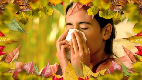 woman with allergy sneezing and autumn leaves 4k