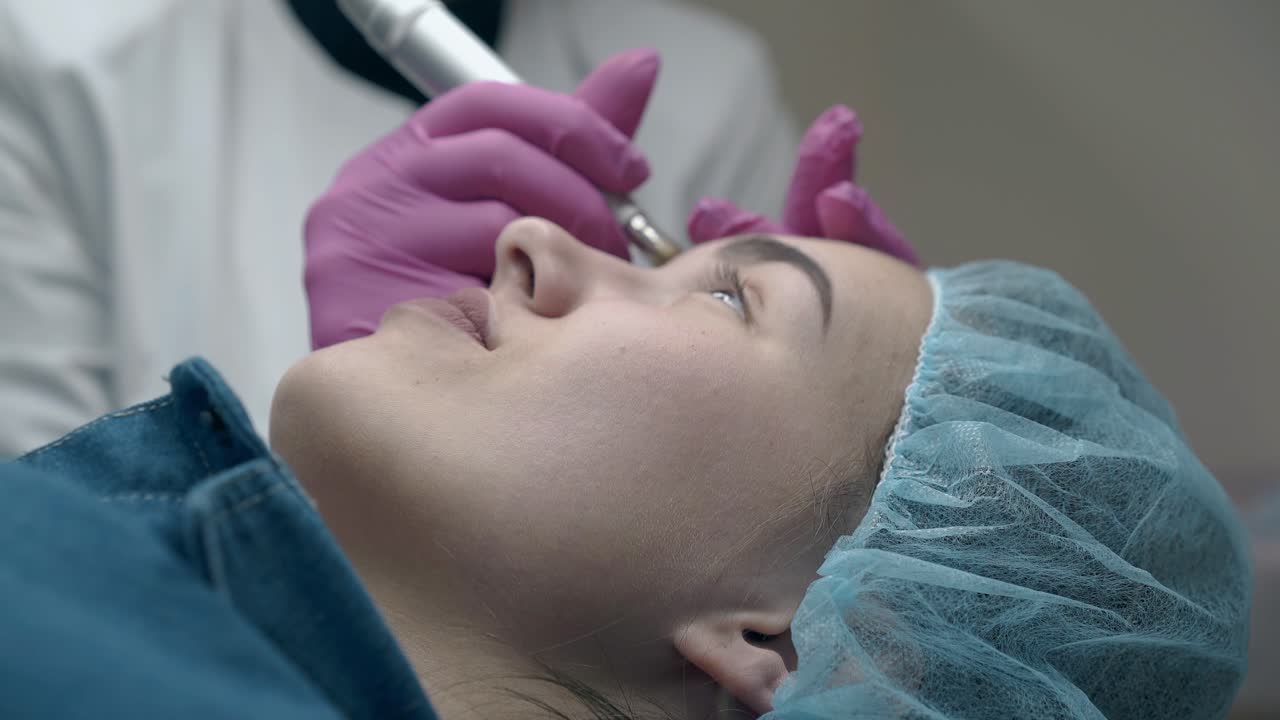 beauty salon visitor lies and woman applies make-up