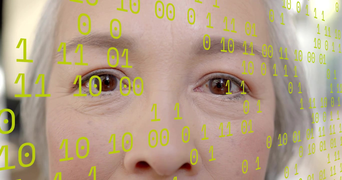 Mature woman facing camera, streaming binary code across face and lifting eyelids for data scanning