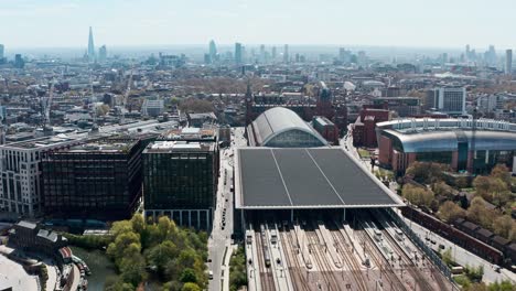 Dolly-back-drone-shot-of-London-st-Pancras-station