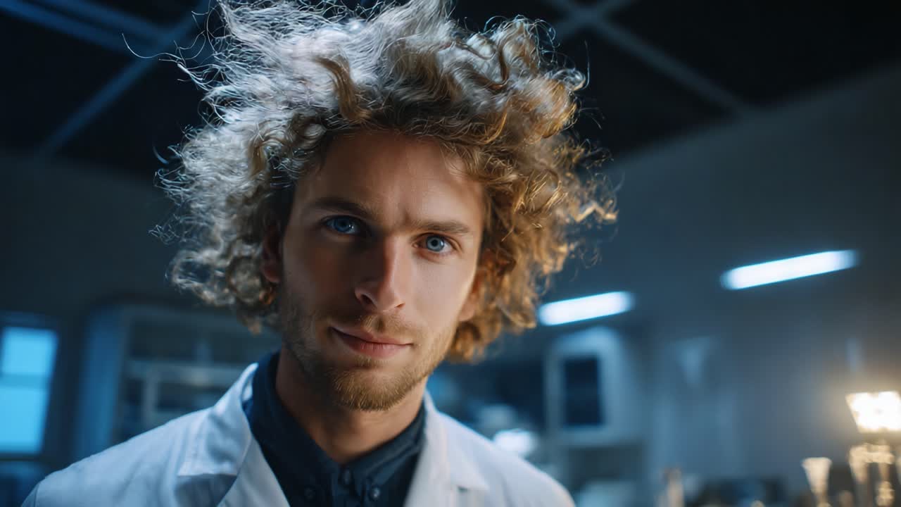 En fokuseret videnskabsmand med vildt hår er engageret i forskning og udviser intens koncentration i et laboratorium fyldt med avanceret udstyr og en kreativ atmosfære.